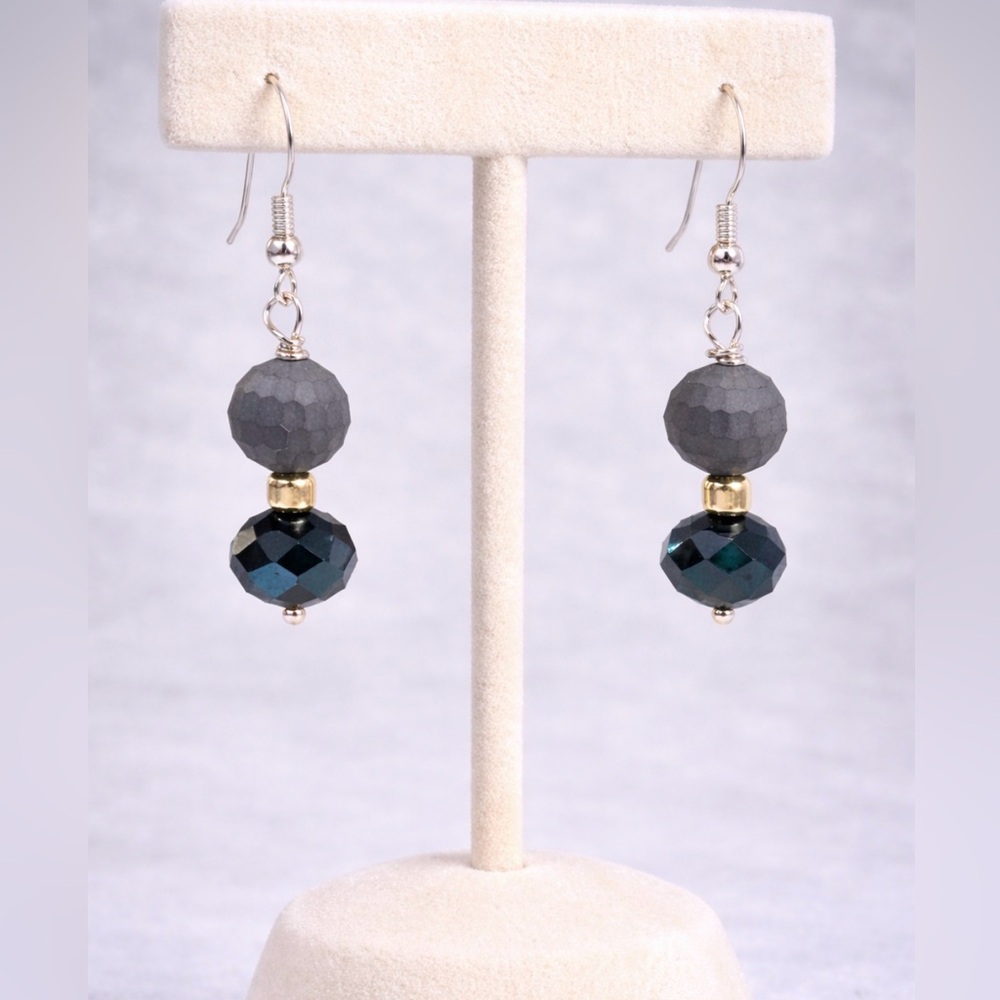 Sterling Silver Earrings Matte Grey Genuine Crystal Modern  Chic French Chic